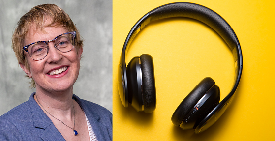 Dr. Nancy Beck Young next to headphones.