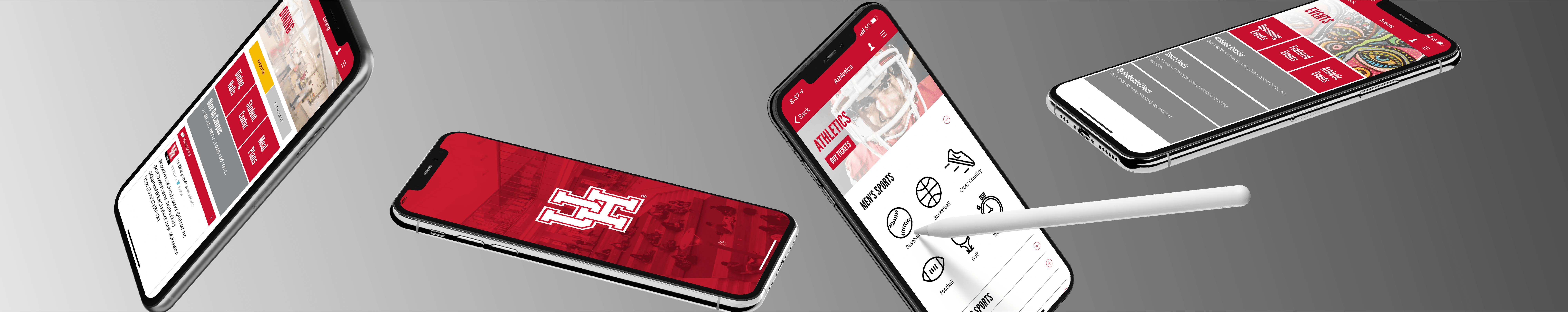 smart phones displaying various UH Go screens